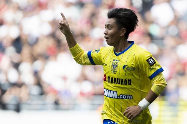 STVV s Ryotaro Araki celebrates after scoring during a soccer match between Royal Antwerp FC and Sint-Truidense V.V., Sunday 30 August 2026 in Antwerp, on day 4 of the 2026-2027 Jupiler Pro League first division of the Belgian championship. KRISTOFxVANxACCOM  x184752598x