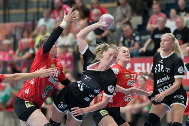 Nele Wenzel (Halle), 33, Charlotte Cholevova (Tussies), 96, Marie Polakova (Halle), 23, Maraike Kusian (Tussies), 38, SV Union Halle Neustadt vs. TuS Metzingen, Women’s Handball Bundesliga 1, 2026–27 season, August 30, 2026, Halle SWH Arena, Saxony-Anhalt, Germany