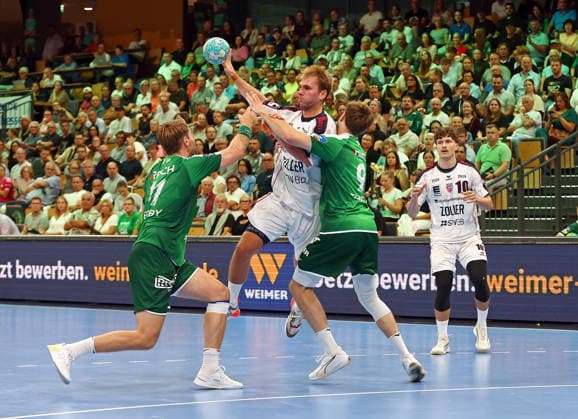 August 30, 2026, xovx, Handball, Opel Handball Bundesliga, HSG Wetzlar vs. SG BBM Bietigheim; Petter Överby (HSG Wetzlar), Mathias Larson (SG BBM Bietigheim), Niklas Theiß (HSG Wetzlar), Jonas Josef (SG BBM Bietigheim); Wetzlar, Buderus Arena, Hesse, Germany, DE