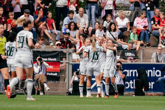 30.08.26, Women, Football, Google Pixel Frauen Bundesliga, Season 2026 2027, Bayer 04 Leverkusen - VfL Wolfsburg, Matchday 2 VFL Wolfsburg celebration of the goal of Ella Peddemors ( 5 - VfL Wolfsburg) for the 1:0 Leverkusen Ulrich-Haberland-Stadion NRW Deutschland