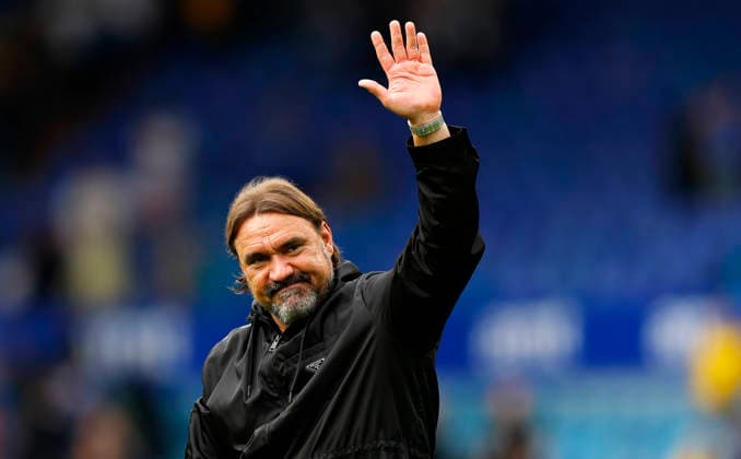 Leeds, England, 30th August 2026. Daniel Farke manager of Leeds United waves to the fans during the Leeds United vs Brentford Premier League match at Elland Road, Leeds. Picture credit should read: James Baylis Sportimage EDITORIAL USE ONLY. No use with unauthorised audio, video, data, fixture lists, club league logos or live services. Online in-match use limited to 120 images, no video emulation. No use in betting, games or single club league player publications. SPI_045_JB_Leeds_Brentford SPI-4950-0044