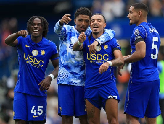 Chelsea FC v Brighton & Hove Albion - Premier League 2026 27 Romeo Lavia, Wesley Fofana, Malo Gusto and Maxence Lacroix of Chelsea celebrate after winning the Premier League 2026 27 match between Chelsea FC and Brighton & Hove Albion at Stamford Bridge on August 30, 2026 in London, England. WARNING! This Photograph May Only Be Used For Newspaper And Or Magazine Editorial Purposes. May Not Be Used For Publications Involving 1 player, 1 Club Or 1 Competition Without Written Authorisation From Football DataCo Ltd. For Any Queries, Please Contact Football DataCo Ltd on +44 (0) 207 864 9121 London Stamford Bridge England United Kingdom Copyright: xAllstarxPicturexLibraryxLtdx