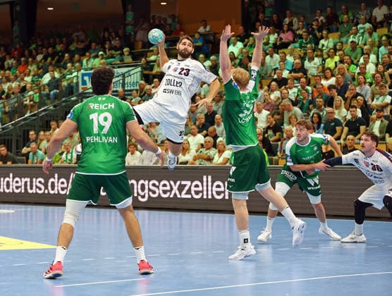 August 30, 2026, xovx, Opel Handball Bundesliga, HSG Wetzlar vs. SG BBM Bietigheim: Doruk Pehlivan (HSG Wetzlar), Marcus Norrbrink (SG BBM Bietigheim), Georg Löwen (HSG Wetzlar), Niklas Theiß, HSG Wetzlar; Jonathan Fischer, SG BBM Bietigheim; Wetzlar Buderus Arena, Hesse, Germany, DE