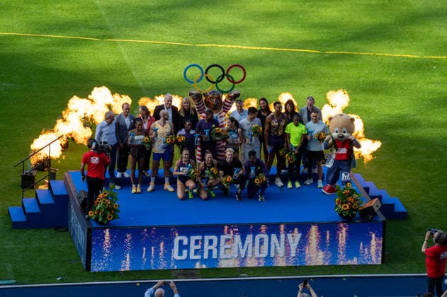 Deutschland: Leichtathletik, Leichtathletik Meeting, Sportfest ISTAF 2026 am 30.08.2026 in Berlin (Olympiastadion): Siegerehrung zum Abschluss mit Leo Neugebauer, Gesa Krause, Gina Lückenkemper, Julian Weber *** German Track and Field, Track and Field Meet, ISTAF 2026 Sports Festival on August 30, 2026, at the Olympic Stadium in Berlin; closing awards ceremony featuring Leo Neugebauer, Gesa Krause, Gina Lückenkemper, and Julian Weber Copyright: xSvenxHeidmannx