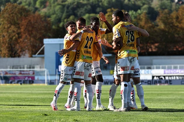 SOCCER - BL, Hartberg vs Ried HARTBERG,AUSTRIA,30.AUG.26 - SOCCER - ADMIRAL Bundesliga, TSV Hartberg vs SV Ried. Image shows the rejoicing of Ried.  GEPAxpictures xChrisxBauer