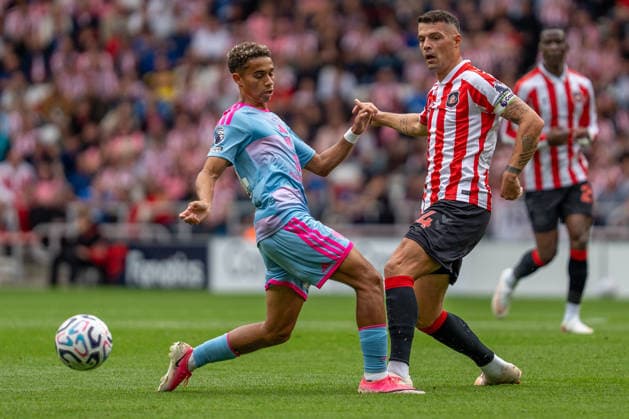 30th August 2026; Stadium of Light, Sunderland, England; Premier League Football, Sunderland versus Fulham; Granit Xhaka of Sunderland AFC passes the ball past Josh King of Fulham FC PeterxNorth