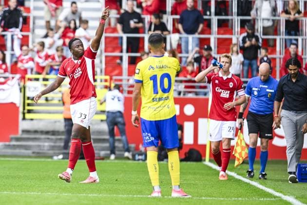 Antwerp s Snayer Porozo celebrates after scoring during a soccer match between Royal Antwerp FC and Sint-Truidense V.V., Sunday 30 August 2026 in Antwerp, on day 4 of the 2026-2027 Jupiler Pro League first division of the Belgian championship. TOM GOYVAERTS TomxGoyvaerts  x184754588x