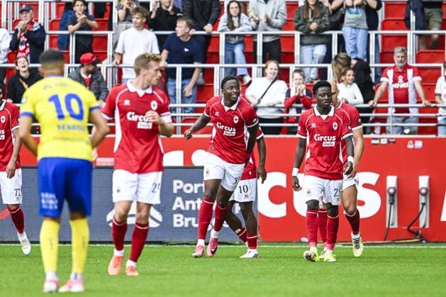 Antwerp s Snayer Porozo celebrates after scoring during a soccer match between Royal Antwerp FC and Sint-Truidense V.V., Sunday 30 August 2026 in Antwerp, on day 4 of the 2026-2027 Jupiler Pro League first division of the Belgian championship. TOM GOYVAERTS TomxGoyvaerts  x184754592x