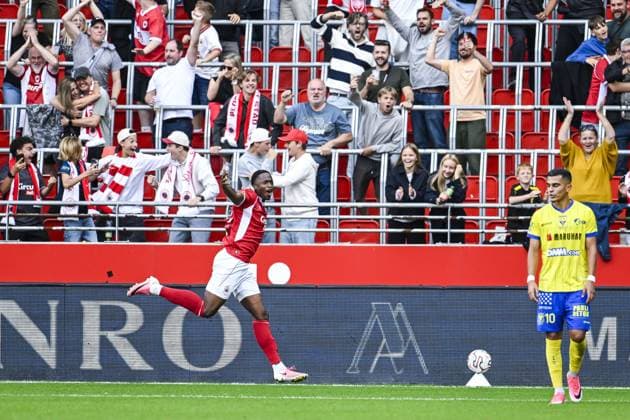 Antwerp s Snayer Porozo celebrates after scoring during a soccer match between Royal Antwerp FC and Sint-Truidense V.V., Sunday 30 August 2026 in Antwerp, on day 4 of the 2026-2027 Jupiler Pro League first division of the Belgian championship. TOM GOYVAERTS TomxGoyvaerts  x184754627x