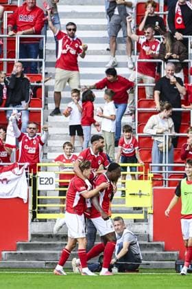 Antwerp s Snayer Porozo celebrates after scoring during a soccer match between Royal Antwerp FC and Sint-Truidense V.V., Sunday 30 August 2026 in Antwerp, on day 4 of the 2026-2027 Jupiler Pro League first division of the Belgian championship. TOM GOYVAERTS TomxGoyvaerts  x184754956x