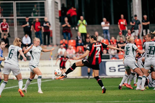 30.08.26, Women, Football, Google Pixel Frauen Bundesliga, Season 2026 2027, Bayer 04 Leverkusen - VfL Wolfsburg, Matchday 2 Selina Ostermeier ( 2 - Bayer 04 Leverkusen) scoring the goal for the 1:1 Leverkusen Ulrich-Haberland-Stadion NRW Deutschland