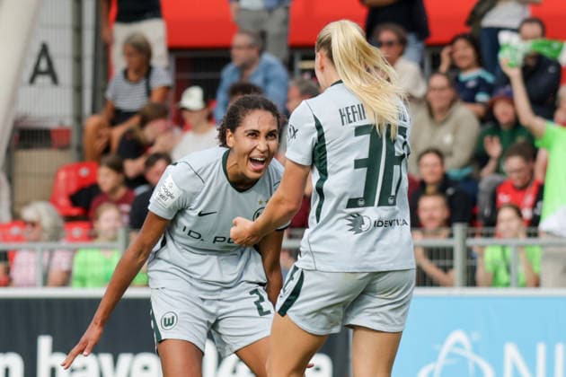30.08.2026, xgrfx, Fussball Google Pixel Frauen-Bundesliga, Bayer Leverkusen - VfL Wolfsburg v.l. Tor, Cora Zicai zum 1:2 (VfL Wolfsburg) Leverkusen *** August 30, 2026, xgrfx, Soccer, Google Pixel, Women s Bundesliga, Bayer Leverkusen vs. VfL Wolfsburg, Goal, Cora Zicai scores the 1-2 goal for VfL Wolfsburg against Leverkusen