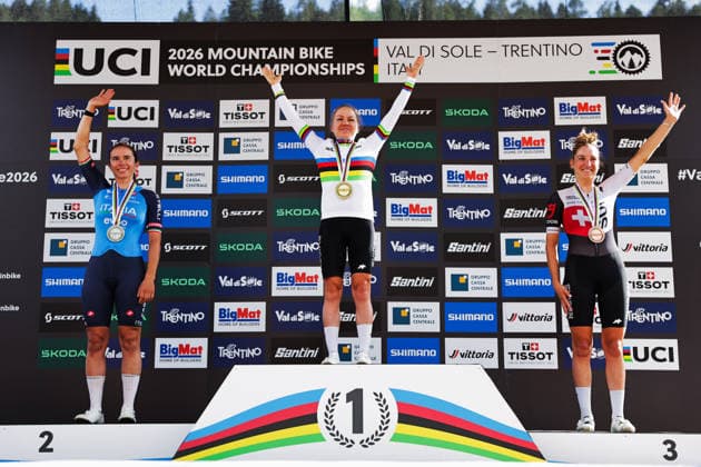 2026 UCI Mountain Bike World Championships Picture by Alex Whitehead SWpix.com - 30 08 2026 - Cycling - 2026 UCI Mountain Bike World Championships - Val di Sole, Trentino, Italy - Cross-country Olympic (XCO) - Women Elite Podium - Sina Frei (Switzerland) wins the Gold Medal to become World Champion with Martina Berta (Italy) receiving the Silver Medal and Nicole Koller (Switzerland) receiving the Bronze Medal Copyright: x xSWpix.comx(t axPhotographyxHubxLtd)xAlexxWhitehead SWpix.comx SWP-3030-21627
