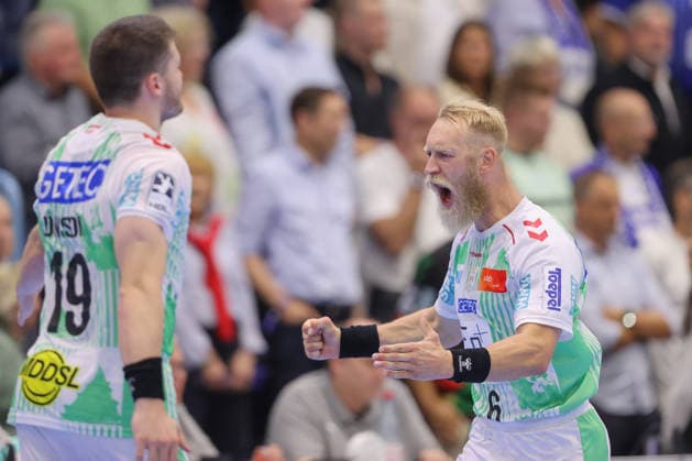 August 30, 2026, xtgx, Opel HBL Handball, VfL Gummersbach vs. SC Magdeburg, emspor, from left: Matthias Musche (Magdeburg), 6, cheering, goal celebration, celebrating the goal, Gummersbach