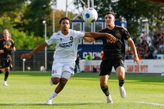 VELSEN-ZUID , 30-08-2026 , BUKO Stadion , season 2026 2027 , Dutch Eredivisie football , match between Telstar and Ajax , Picture shows Telstar player Gerald Alders, Ajax player Oscar Gloukh Telstar - Ajax  x206250583x Copyright: