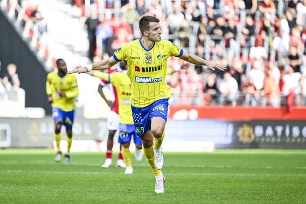 STVV s Samed Bazdar celebrates after scoring during a soccer match between Royal Antwerp FC and Sint-Truidense V.V., Sunday 30 August 2026 in Antwerp, on day 4 of the 2026-2027 Jupiler Pro League first division of the Belgian championship. TOM GOYVAERTS TomxGoyvaerts  x184756114x
