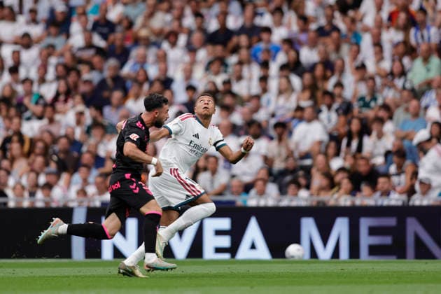 Kylian Mbappé of Real Madrid CF in action during the LaLiga EA Sports match between Real Madrid CF and Málaga CF at Estadio Santiago Bernabéu on August 30, 2026, in Madrid, Spain. Photo by Manu Reino, DeFodi Images