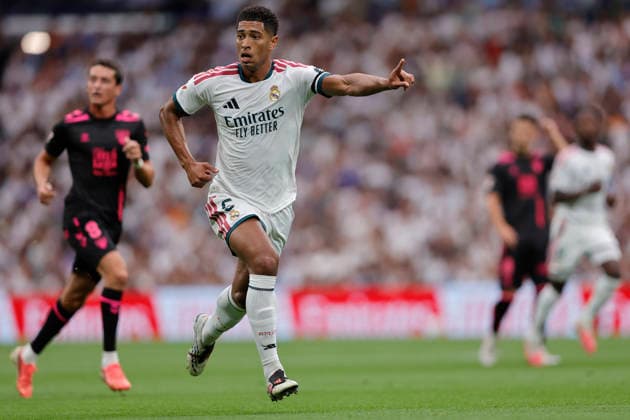 Jude Bellingham of Real Madrid CF gestures during the LaLiga EA Sports match between Real Madrid CF and Málaga CF at Estadio Santiago Bernabéu on August 30, 2026, in Madrid, Spain. Photo by Manu Reino, DeFodi Images