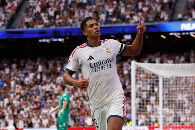 Jude Bellingham of Real Madrid CF celebrates after scoring his team s first goal during the LaLiga EA Sports match between Real Madrid CF and Málaga CF at Estadio Santiago Bernabéu on August 30, 2026, in Madrid, Spain. Photo by Manu Reino, DeFodi Images
