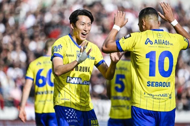 STVV s Kaito Matsuzawa celebrates after scoring during a soccer match between Royal Antwerp FC and Sint-Truidense V.V., Sunday 30 August 2026 in Antwerp, on day 4 of the 2026-2027 Jupiler Pro League first division of the Belgian championship. TOM GOYVAERTS TomxGoyvaerts  x184756248x