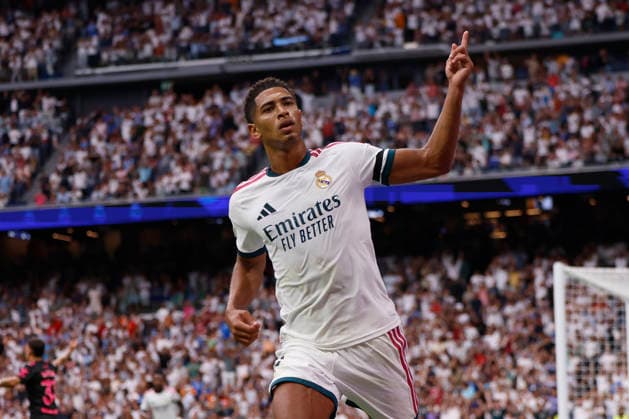 Jude Bellingham of Real Madrid CF celebrates after scoring his team s first goal during the LaLiga EA Sports match between Real Madrid CF and Málaga CF at Estadio Santiago Bernabéu on August 30, 2026, in Madrid, Spain. Photo by Manu Reino, DeFodi Images