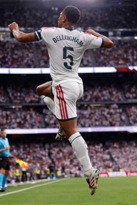 RECORD DATE NOT STATED Jude Bellingham (Real Madrid CF) celebrates after scoring his team˜s first goal during the LaLiga EA Sports match between Real Madrid CF and Malaga CF at Estadio Santiago BernabÃ u on August 30, 2026 in Madrid, Spain. (Photo by Manu Reino DeFodi Images) - *** Jude Bellingham of Real Madrid CF celebrates after scoring his team s first goal during the LaLiga EA Sports match between Real Madrid CF and Málaga CF at Estadio Santiago Bernabéu on August 30, 2026, in Madrid, Spain. Photo by Manu Reino, DeFodi Images