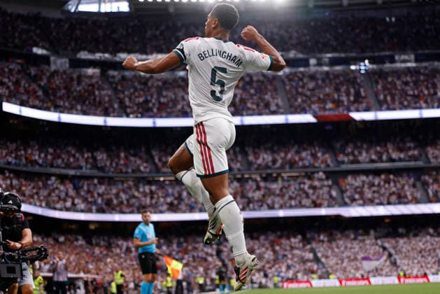 Jude Bellingham of Real Madrid CF celebrates after scoring his team s first goal during the LaLiga EA Sports match between Real Madrid CF and Málaga CF at Estadio Santiago Bernabéu on August 30, 2026, in Madrid, Spain. Photo by Manu Reino, DeFodi Images