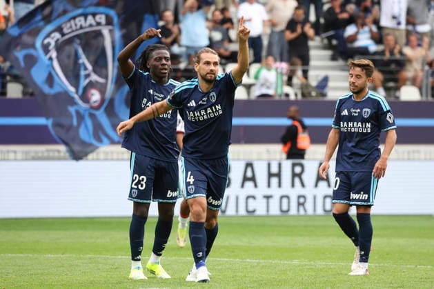 FOOTBALL : Paris FC Vs OGC Nice - Ligue 1 - 30 08 2026 Joie sur le but de Vincent Marchetti (Paris FC) - Rudy Matondo (Paris FC) - Maxime Lopez (Paris FC) ParisFrance  Copyright: xMichaelxBaucherx