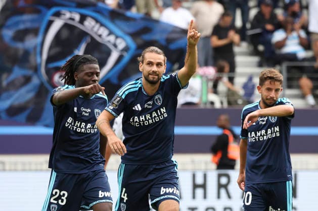 FOOTBALL : Paris FC Vs OGC Nice - Ligue 1 - 30 08 2026 Joie sur le but de Vincent Marchetti (Paris FC) - Rudy Matondo (Paris FC) - Maxime Lopez (Paris FC) ParisFrance  Copyright: xMichaelxBaucherx