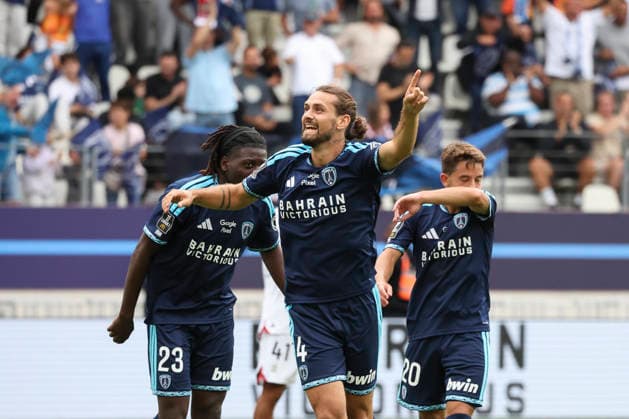 FOOTBALL : Paris FC Vs OGC Nice - Ligue 1 - 30 08 2026 Joie sur le but de Vincent Marchetti (Paris FC) - Rudy Matondo (Paris FC) - Maxime Lopez (Paris FC) ParisFrance  Copyright: xMichaelxBaucherx