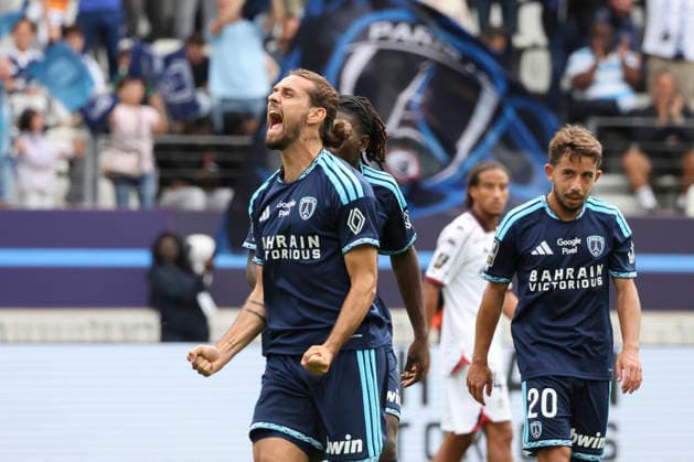 FOOTBALL : Paris FC Vs OGC Nice - Ligue 1 - 30 08 2026 Joie sur le but de Vincent Marchetti (Paris FC) - Rudy Matondo (Paris FC) - Maxime Lopez (Paris FC) ParisFrance  Copyright: xMichaelxBaucherx