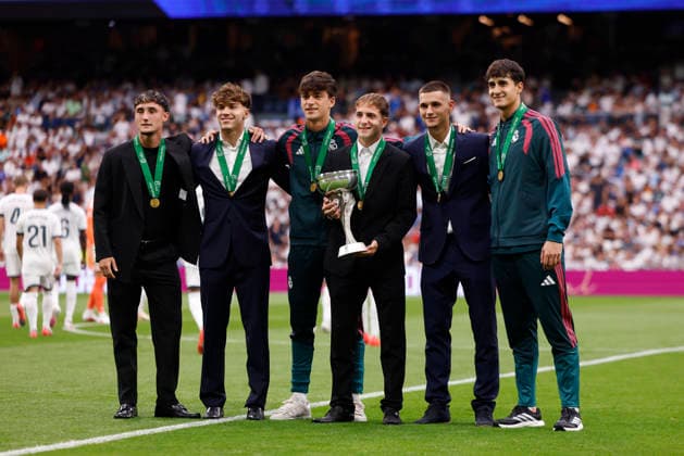Real Madrid s Under-19 players during the LaLiga EA Sports match between Real Madrid CF and Málaga CF at Estadio Santiago Bernabéu on August 30, 2026, in Madrid, Spain. Photo by Manu Reino, DeFodi Images