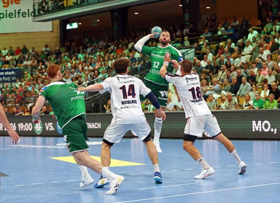 August 30, 2026, xovx, Opel Handball Bundesliga, HSG Wetzlar vs. SG BBM Bietigheim: Tomas Piroch (HSG Wetzlar), Fynn Luca Nicolaus (SG BBM Bietigheim), Nikolaj Laesö (HSG Wetzlar), Fabian Wiederstein (SG BBM Bietigheim) at Buderus Arena in Wetzlar, Hesse, Germany (DE)