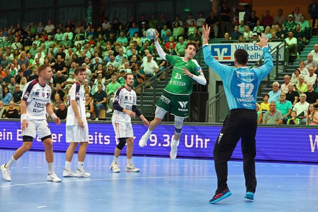 August 30, 2026, xovx, Opel Handball Bundesliga, HSG Wetzlar vs. SG BBM Bietigheim: Fabian Wiederstein (SG BBM Bietigheim), Marcus Norrbrink (SG BBM Bietigheim), Dominik Claus (SG BBM Bietigheim), Marti Soler (HSG Wetzlar), Martin Tomovski (SG BBM Bietigheim); Wetzlar, Buderus Arena, Hesse, Germany, DE