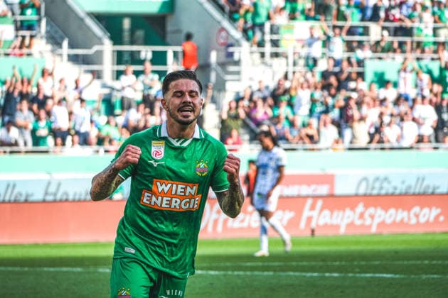 Soccer Austria ADMIRAL Bundesliga 2026–2027, Round 5, August 30, 2026: SK Rapid Vienna vs. SK Sturm Graz, Weststadion (Allianz Stadium), Vienna, Austria. Marco Tilio: SK Rapid Vienna celebrates the 2–1 goal; goal celebration Copyright: xLukasxBierederx