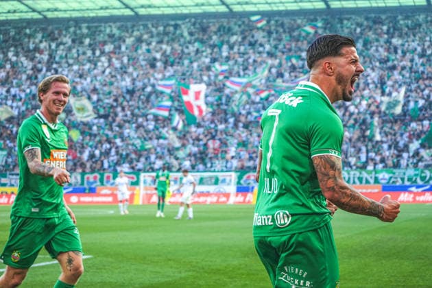 Soccer Austria ADMIRAL Bundesliga 2026–2027, Round 5, August 30, 2026: SK Rapid Vienna vs. SK Sturm Graz, Weststadion (Allianz Stadium), Vienna, Austria. Marco Tilio: SK Rapid Vienna celebrates the 2–1 goal; goal celebration Copyright: xLukasxBierederx
