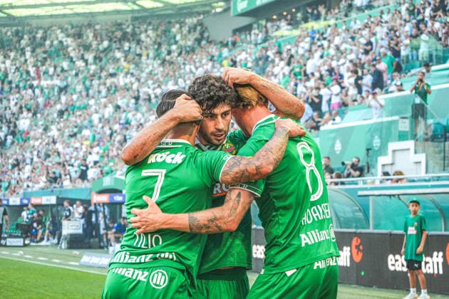 Soccer Austria ADMIRAL Bundesliga 2026–2027, Round 5, August 30, 2026: SK Rapid Vienna vs. SK Sturm Graz at Weststadion Allianz Stadion in Vienna, Austria. Marco Tilio of SK Rapid Vienna celebrates after scoring the goal that made it 2–1, Goal celebration by Yusuf Demir of SK Rapid Vienna and Tonni Adamsen of SK Rapid Vienna Copyright: xLukasxBierederx