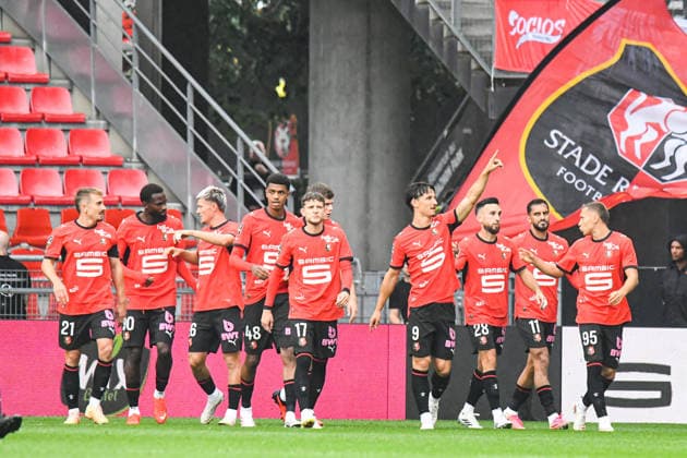 FOOTBALL : Stade Rennais vs Le Mans FC - Ligue 1 - JournÃ e 2 - 30 08 2026 Joie des joueurs du Stade Rennais aprÃ s le but de Esteban Lepaul (Stade Rennais) RennesFrance  Copyright: xBaptistexAutissierx