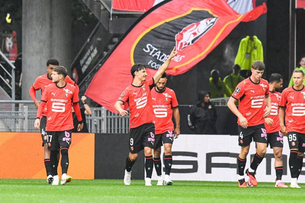 FOOTBALL : Stade Rennais vs Le Mans FC - Ligue 1 - JournÃ e 2 - 30 08 2026 Joie des joueurs du Stade Rennais aprÃ s le but de Esteban Lepaul (Stade Rennais) RennesFrance  Copyright: xBaptistexAutissierx