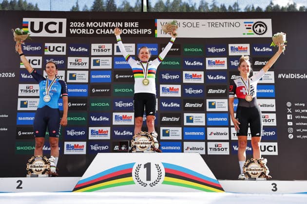 2026 UCI Mountain Bike World Championships Picture by Alex Whitehead SWpix.com - 30 08 2026 - Cycling - 2026 UCI Mountain Bike World Championships - Val di Sole, Trentino, Italy - Cross-country Olympic (XCO) - Women Elite Podium - Sina Frei (Switzerland) wins the Gold Medal to become World Champion with Martina Berta (Italy) receiving the Silver Medal and Nicole Koller (Switzerland) receiving the Bronze Medal Copyright: x xSWpix.comx(t axPhotographyxHubxLtd)xAlexxWhitehead SWpix.comx SWP-3030-21651