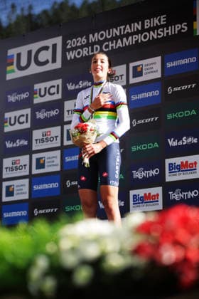 2026 UCI Mountain Bike World Championships Picture by Ed Sykes SWpix.com - 30 08 2026 - Cycling - 2026 UCI Mountain Bike World Championships - Val di Sole, Trentino, Italy - Cross-country Olympic (XCO) - Women Under-23 (U23) Podium - Valentina Corvi (Italy) wins the Gold Medal to become World Champion Copyright: x xSWpix.comx(t axPhotographyxHubxLtd)xEdxSykes SWpix.comx SWP-3030-21655