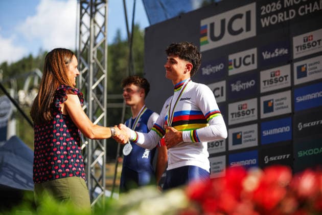2026 UCI Mountain Bike World Championships Picture by Ed Sykes SWpix.com - 30 08 2026 - Cycling - 2026 UCI Mountain Bike World Championships - Val di Sole, Trentino, Italy - Cross-country Olympic (XCO) - Men Under-23 (U23) Podium - Nael Rouffiac (France) wins the Gold Medal to become World Champion Copyright: x xSWpix.comx(t axPhotographyxHubxLtd)xEdxSykes SWpix.comx SWP-3030-21664