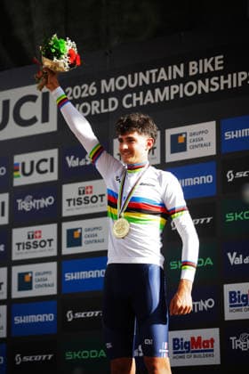 2026 UCI Mountain Bike World Championships Picture by Ed Sykes SWpix.com - 30 08 2026 - Cycling - 2026 UCI Mountain Bike World Championships - Val di Sole, Trentino, Italy - Cross-country Olympic (XCO) - Men Under-23 (U23) Podium - Nael Rouffiac (France) wins the Gold Medal to become World Champion Copyright: x xSWpix.comx(t axPhotographyxHubxLtd)xEdxSykes SWpix.comx SWP-3030-21665