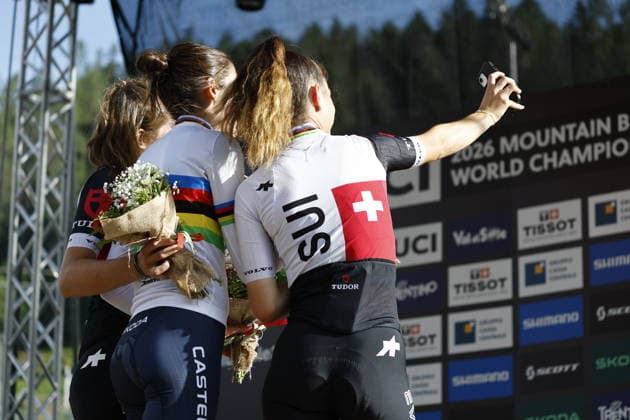 August 30, 2026, Daolasa di Commezzadura, Val di Sole Bikeland, 2026 UCI MTB World Championships Men’s U23 XCO (Cross Country Olympic): Anina Hutter from Switzerland, 2nd place and silver medal, Valentina Corvi from Italy, 1st place, World Champion, and gold medal; and Monique Halter, 3rd place and bronze medal at the 2026 Women’s U23 Cross Country Olympic World Championships in Daolasa di Commezzadura, Val di Sole Bikeland, Trento, Italy Copyright: xJustPictures.ch FrancescoxMinghettix jp-en-FrMi-_NG_2528