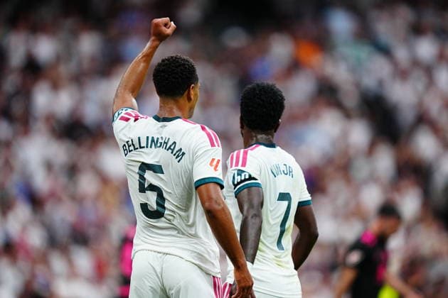 Real Madrid v Malaga - LaLiga EA Sports 2026 27 Jude Bellingham of Real Madrid CF celebrates after scoring his team s second goal with Vinicius Junior of Real Madrid CF during the LaLiga EA Sports 2026 27 match between Real Madrid CF and Malaga CF at Santiago Bernabeu on August 30, 2026 in Madrid, Spain. Madrid Santiago Bernabeu Madrid Spain Copyright: xGokhanxTanerx xPSxImagesxGokhanxTanerx