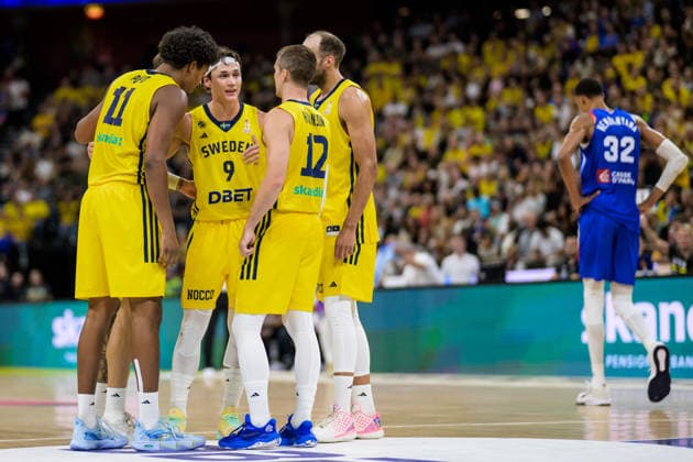 August 30, 2026: Kenny Pohto, Pelle Larsson, Ludvig Hakanson, and Denzel Andersson of Sweden during the FIBA World Cup Qualifier basketball game between Sweden and France on August 30, 2026 in Stockholm. Photo by Joel Marklund. BILDBYRAN code JM JM0848 bbeng basketball FIBA World Cup Qualifiers Sweden France  Copyright: JOELxMARKLUND BB260830JM023