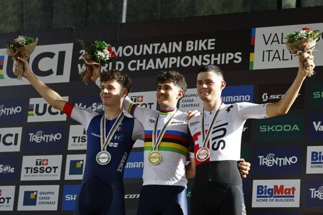 August 30, 2026, Daolasa di Commezzadura, Val di Sole Bikeland, 2026 UCI MTB World Championships Men’s U23 XCO (Cross Country Olympic): Alix Andre Gallis from France, 2nd place and silver medal, Nael Rouffiac from France, 1st place, World Champion, and gold medal; and Nicolas Halter from Switzerland, 3rd place and bronze medal at the 2026 Men’s U23 Cross Country Olympic World Championships in Daolasa di Commezzadura, Val di Sole Bikeland, Trento, Italy Copyright: xJustPictures.ch FrancescoxMinghettix jp-en-FrMi-_NG_2673