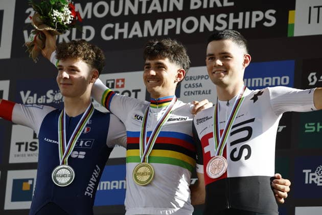 August 30, 2026, Daolasa di Commezzadura, Val di Sole Bikeland, 2026 UCI MTB World Championships Men’s U23 XCO (Cross Country Olympic): Alix Andre Gallis from France, 2nd place and silver medal, Nael Rouffiac from France, 1st place, World Champion, and gold medal; and Nicolas Halter from Switzerland, 3rd place and bronze medal at the 2026 Men’s U23 Cross Country Olympic World Championships in Daolasa di Commezzadura, Val di Sole Bikeland, Trento, Italy Copyright: xJustPictures.ch FrancescoxMinghettix jp-en-FrMi-_NG_2676