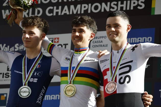 August 30, 2026, Daolasa di Commezzadura, Val di Sole Bikeland, 2026 UCI MTB World Championships Men’s U23 XCO (Cross Country Olympic): Alix Andre Gallis from France, 2nd place and silver medal, Nael Rouffiac from France, 1st place, World Champion, and gold medal; and Nicolas Halter from Switzerland, 3rd place and bronze medal at the 2026 Men’s U23 Cross Country Olympic World Championships in Daolasa di Commezzadura, Val di Sole Bikeland, Trento, Italy Copyright: xJustPictures.ch FrancescoxMinghettix jp-en-FrMi-_NG_2682