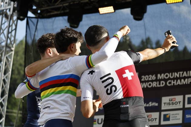 August 30, 2026, Daolasa di Commezzadura, Val di Sole Bikeland, 2026 UCI MTB World Championships Men’s U23 XCO (Cross Country Olympic): Alix Andre Gallis from France, 2nd place and silver medal, Nael Rouffiac from France, 1st place, World Champion, and gold medal; and Nicolas Halter from Switzerland, 3rd place and bronze medal at the 2026 Men’s U23 Cross Country Olympic World Championships in Daolasa di Commezzadura, Val di Sole Bikeland, Trento, Italy Copyright: xJustPictures.ch FrancescoxMinghettix jp-en-FrMi-_NG_2726